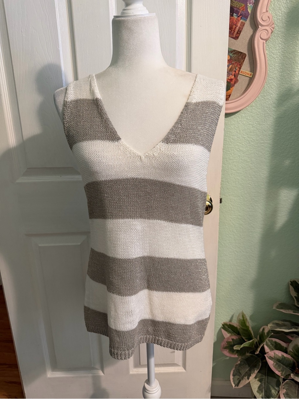 Banana Republic Metallic Striped Knit Tank - White & Silver